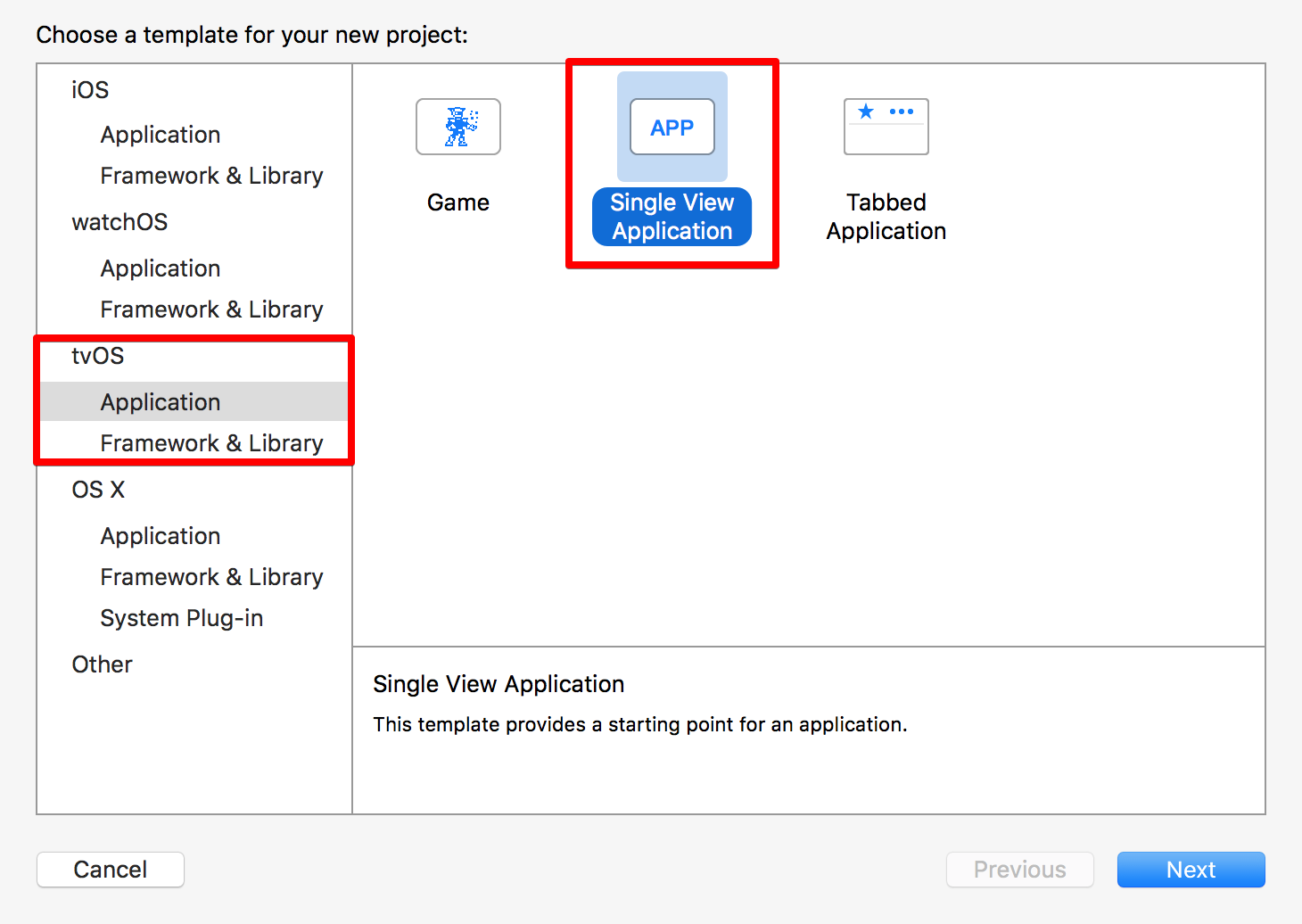 Choose a template for your new application